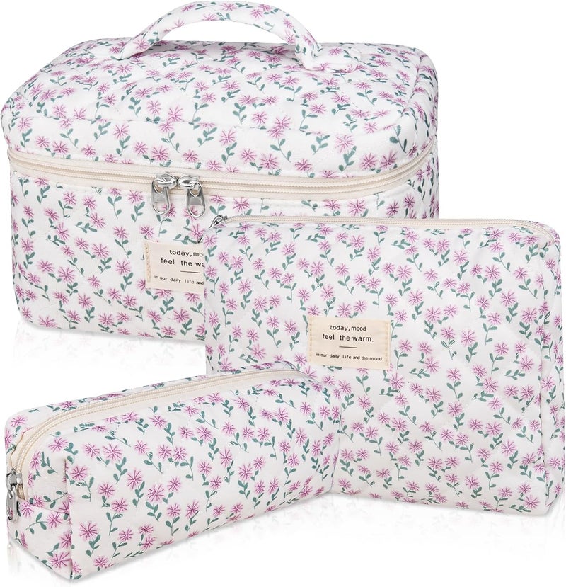 Gosect Makeup Bag Set, Quilted Makeup Bag, Large Floral Cosmetic Bag for Women, Cute Cotton Makeup Bags, Flower Travel Toiletry Organizer Bag (Purple Flower) - Image 1